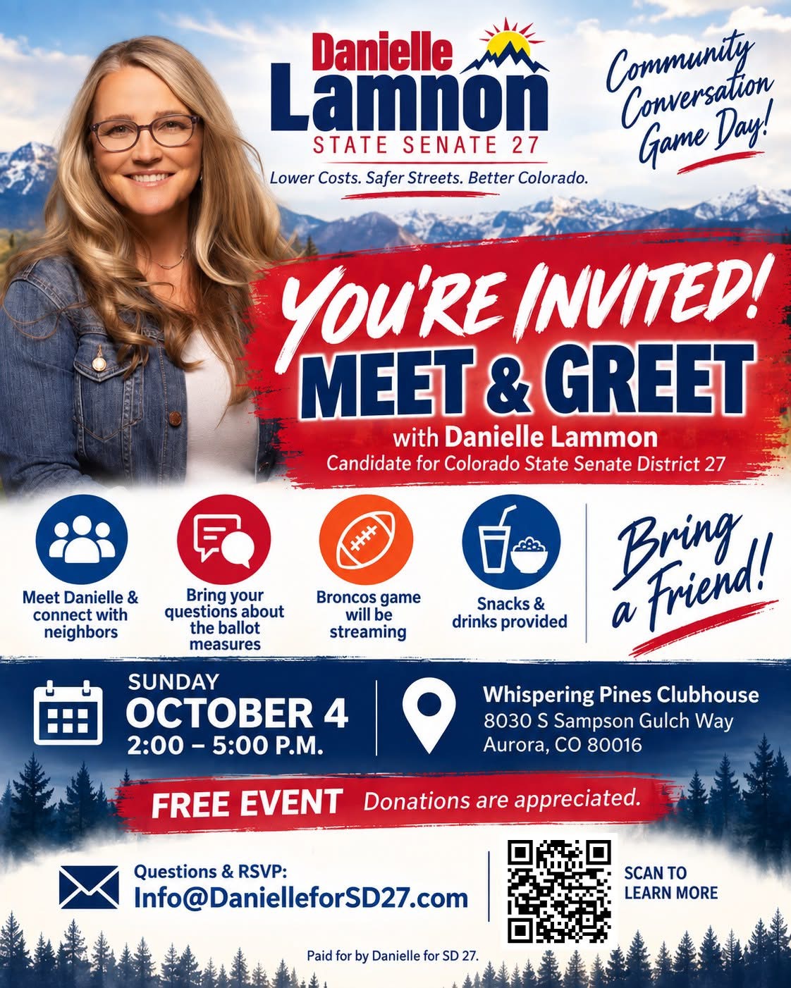 Campaign flyer: You're invited to a Meet & Greet with Danielle Lammon on Sunday, October 4, 2:00–5:00 P.M. at Whispering Pines Clubhouse, 8030 S Sampson Gulch Way, Aurora, CO 80016.